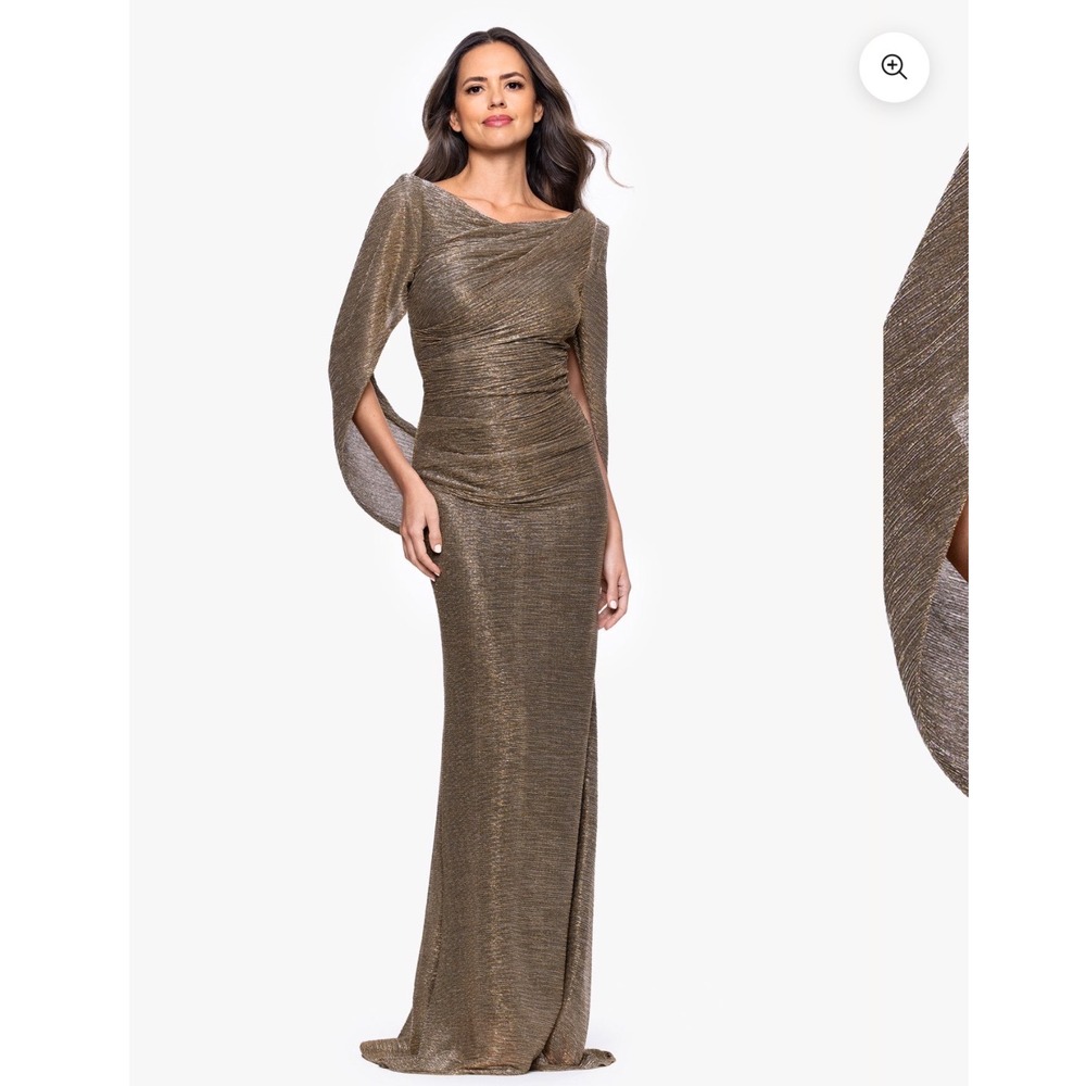 Betsy & Adam Gold Metallic Cape Sleeve Ruched Gown Dress 22W NEW